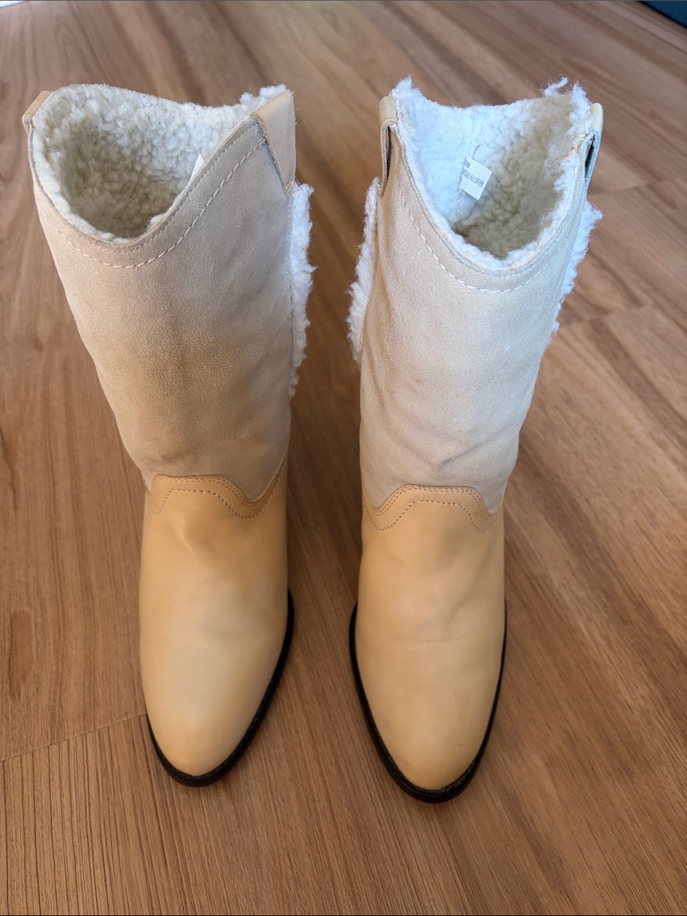 Michael Kors Dawn Shearling Trim Mid-Calf Leather Boots Cream Women’s 8.5